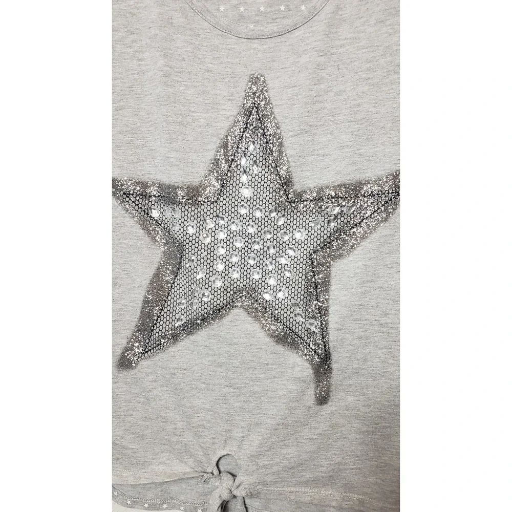 Girls Gray Canyon River Blues Sequins Star Tie Front‎ T Shirt Top Kids XL 18